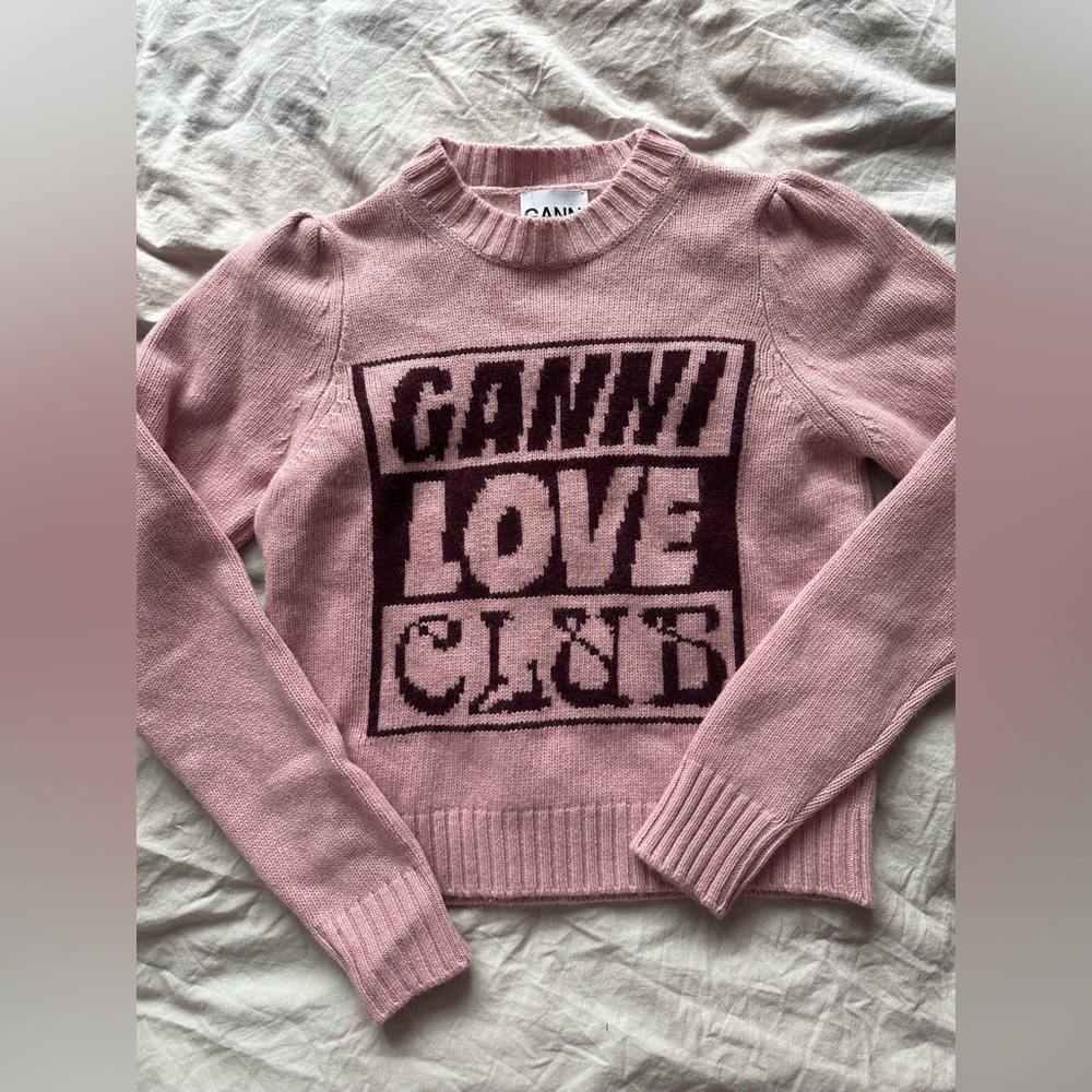 GANNI Pink Logo Knit Sweater Graphic Pullover Crewneck Size S